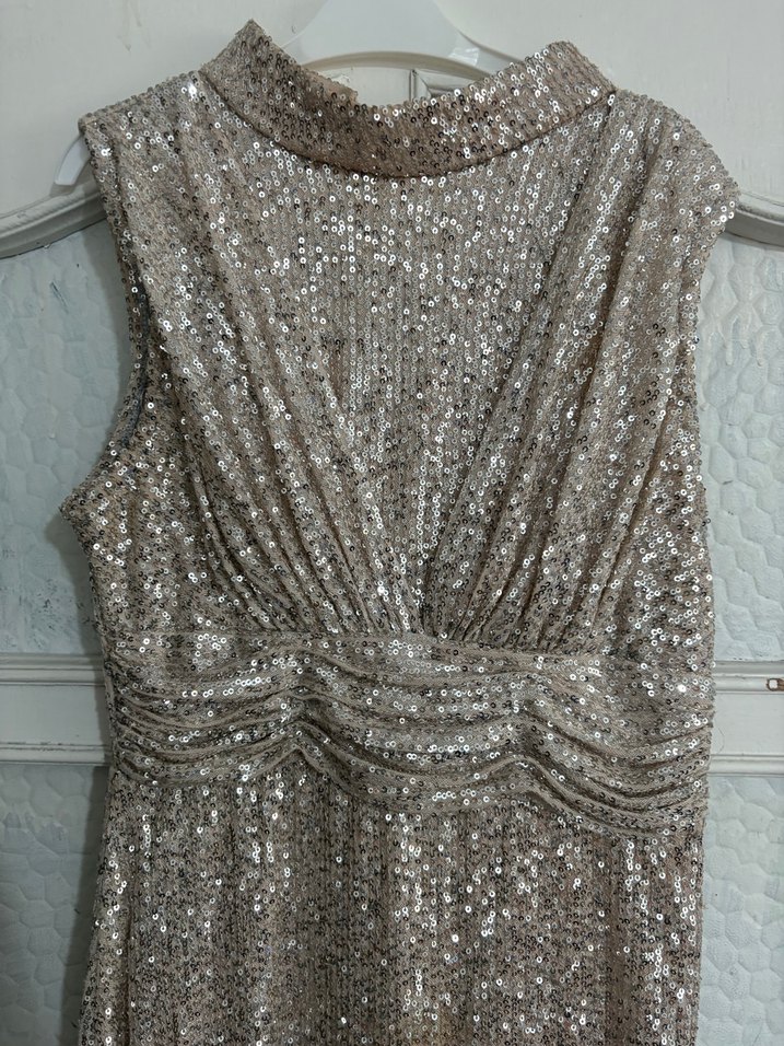 Bej Parlak Yılan Desenli Uzun Abiye Elbise - Görsel 2