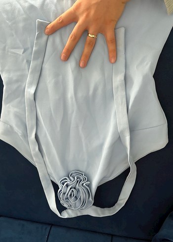 Mavi Straplez Keten Uzun Kalem Elbise - Görsel 2