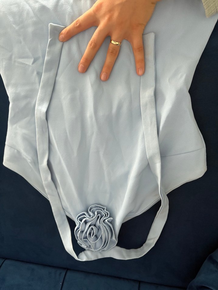 Mavi Straplez Keten Uzun Kalem Elbise - Görsel 2