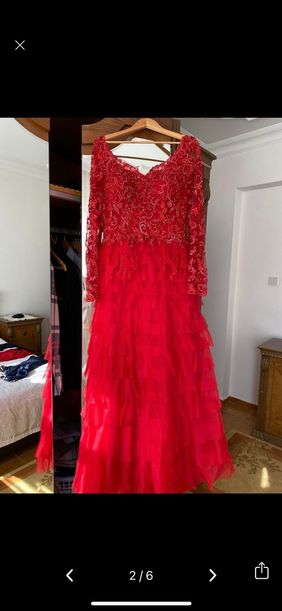 Kırmızı İşlemeli Uzun Kollu kına elbisesi - Görsel 2