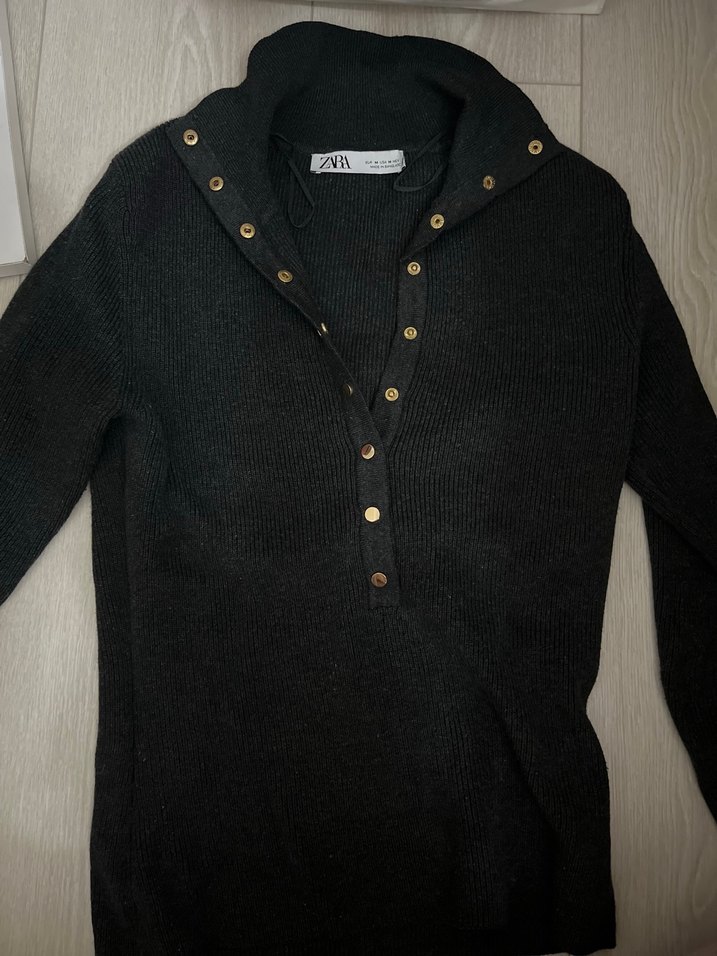 Düğmeli Gri Yün Kadın Kazak Zara - Görsel 5