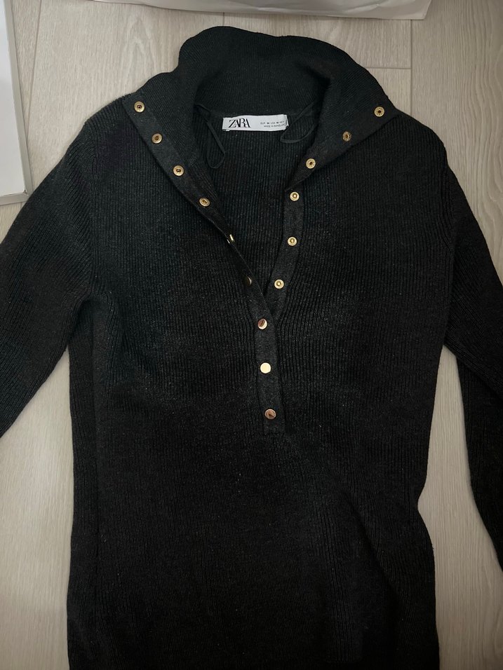 Düğmeli Gri Yün Kadın Kazak Zara - Görsel 4