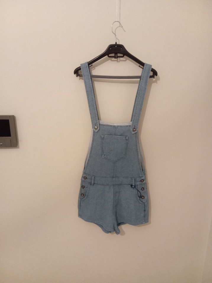 Kız Çocuk Kot Düğmeli Askılı Şort Tulum - Görsel 4