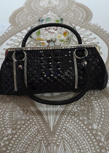 Siyah Parlak Yılan Desenli Deri Clutch Çanta - Görsel 2