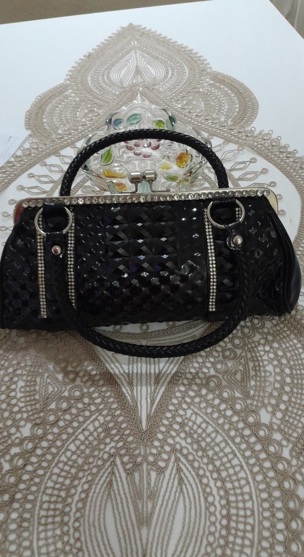 Siyah Parlak Yılan Desenli Deri Clutch Çanta - Görsel 2