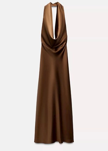 Kahverengi Drapeli Sırt dekolteli Uzun Kadın Elbise - Görsel 2