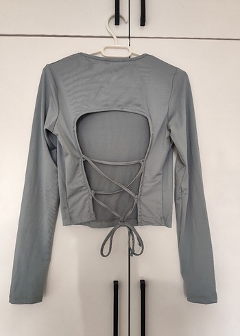 Gri Kadın Uzun Kollu Crop Top - Görsel 5