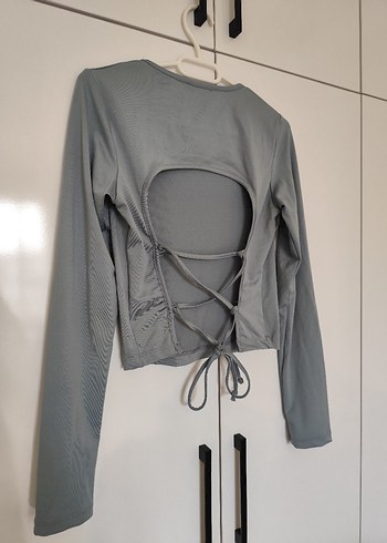 Gri Kadın Uzun Kollu Crop Top - Görsel 6