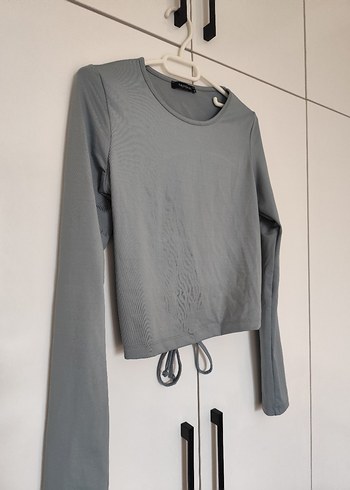 Gri Kadın Uzun Kollu Crop Top - Görsel 2