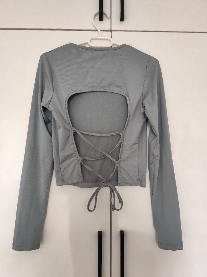 Gri Kadın Uzun Kollu Crop Top - Görsel 5