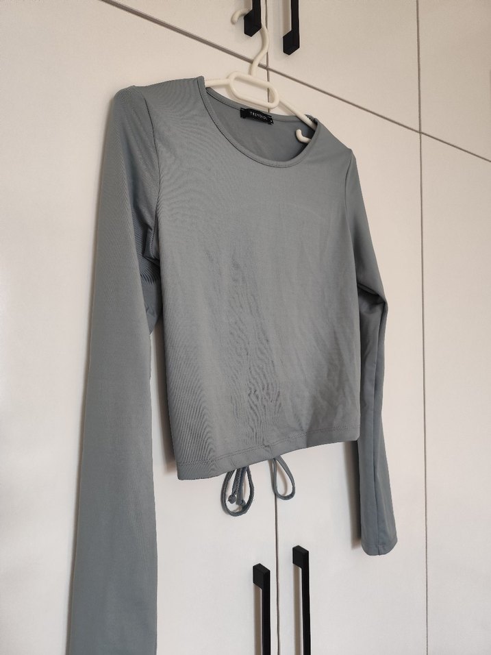 Gri Kadın Uzun Kollu Crop Top - Görsel 2