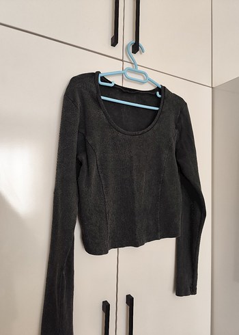 Gri Uzun Kollu Crop Top - Görsel 2