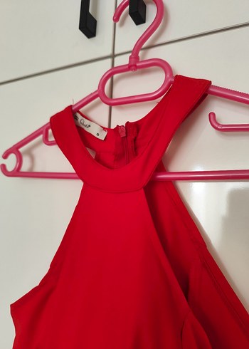 Kırmızı Uzun Drapeli Klasik Kadın Elbise - Görsel 3