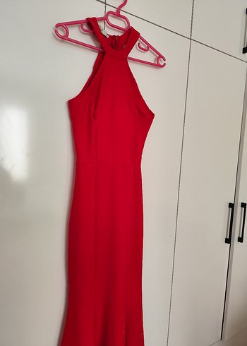 Kırmızı Uzun Drapeli Klasik Kadın Elbise - Görsel 2