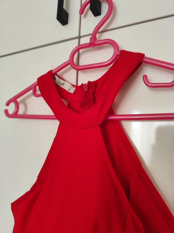 Kırmızı Uzun Drapeli Klasik Kadın Elbise - Görsel 3