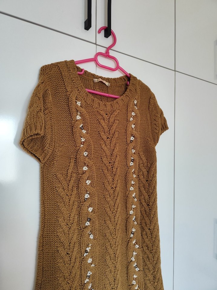 Bej Örgü Kısa Kollu Elbise - Görsel 3