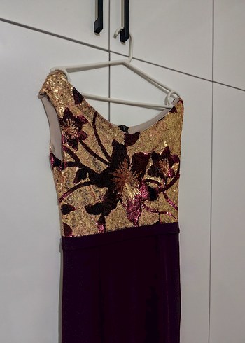 Bordo İşlemeli Drapeli Uzun Abiye Elbise - Görsel 2