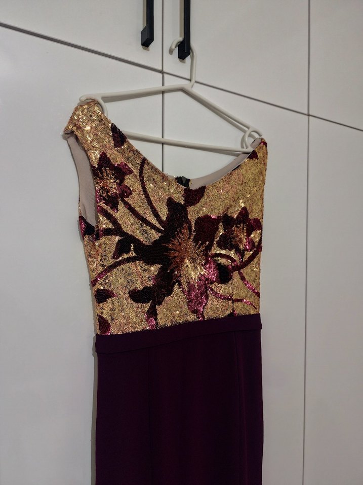 Bordo İşlemeli Drapeli Uzun Abiye Elbise - Görsel 2