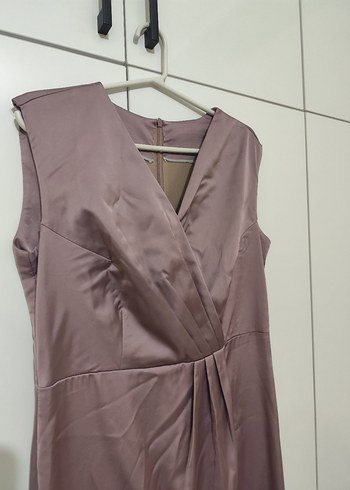 Bej Drapeli V Yaka Uzun Abiye Elbise - Görsel 2