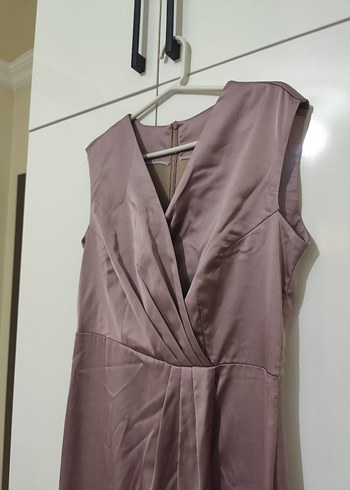 Bej Drapeli V Yaka Uzun Abiye Elbise - Görsel 4