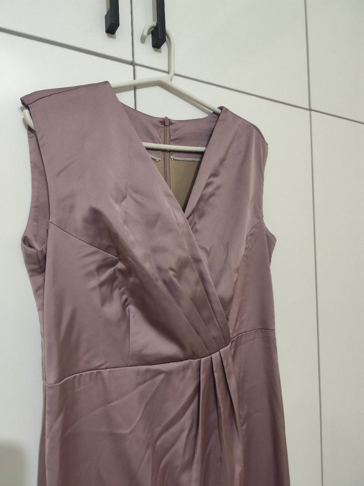 Bej Drapeli V Yaka Uzun Abiye Elbise - Görsel 2