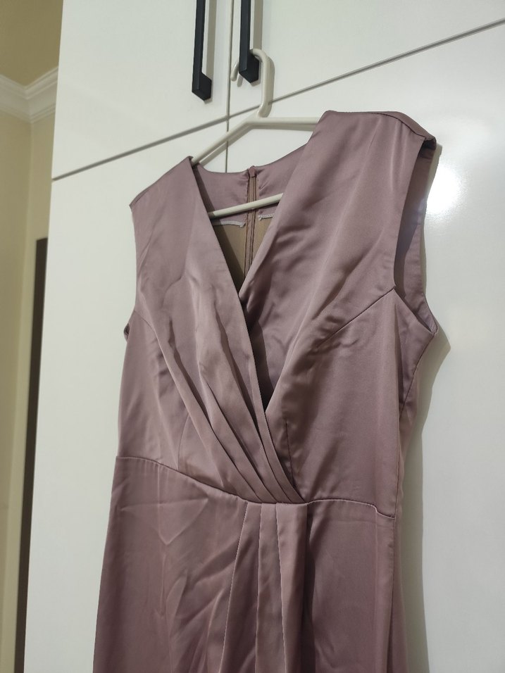 Bej Drapeli V Yaka Uzun Abiye Elbise - Görsel 4