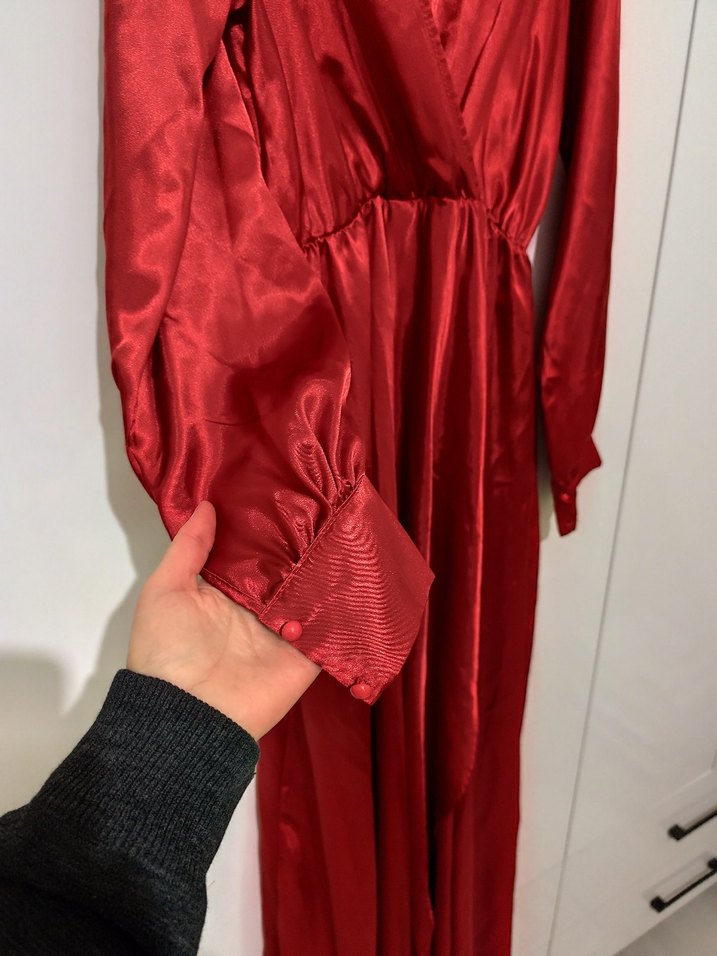 Parlak Kırmızı Uzun Kollu Salaş Elbise - Görsel 2