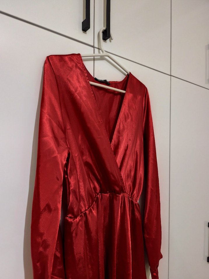 Parlak Kırmızı Uzun Kollu Salaş Elbise - Görsel 3