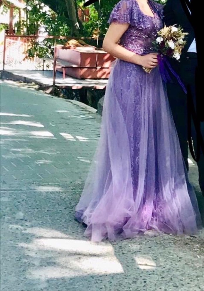 Drapeli Mor İşlemeli Uzun Abiye Elbise - Görsel 3