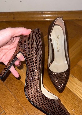 Kahverengi Parlak Yılan Desenli Stiletto - Görsel 6