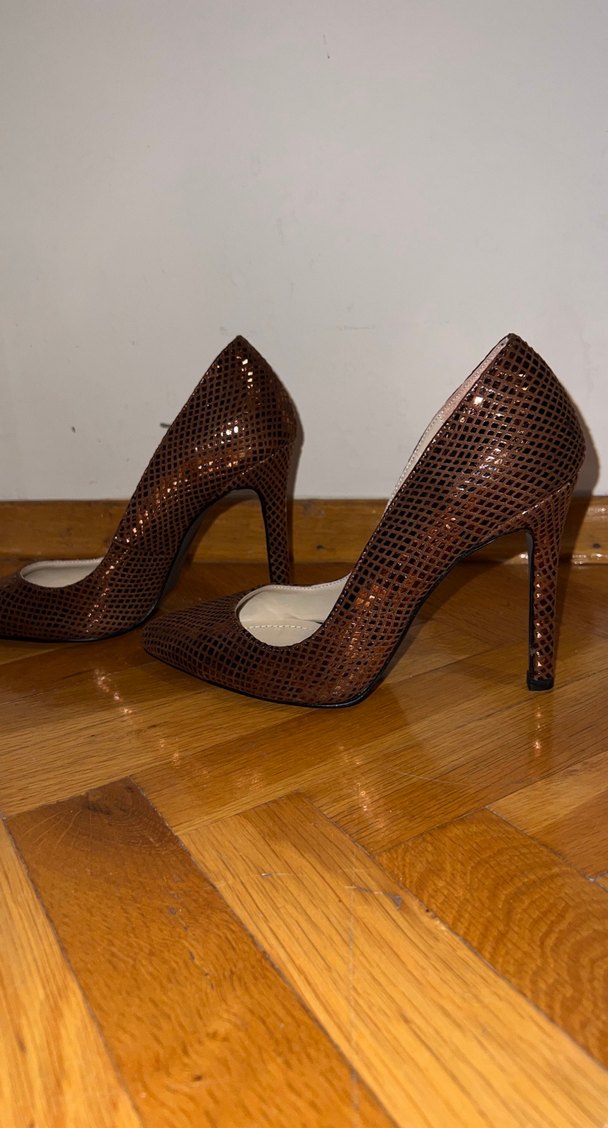 Kahverengi Parlak Yılan Desenli Stiletto - Görsel 3