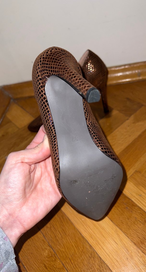 Kahverengi Parlak Yılan Desenli Stiletto - Görsel 4