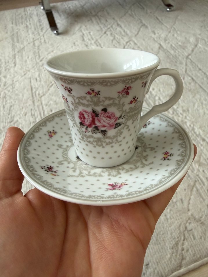 Pembe Çiçek Desenli 2'li Kahve Fincanı Seti - Görsel 4