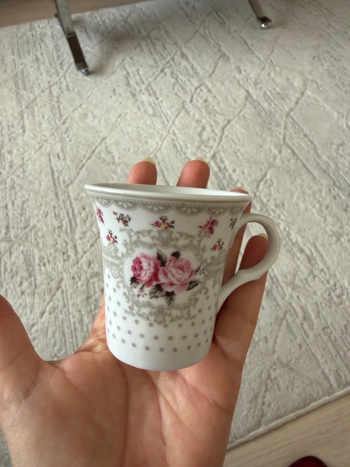 Pembe Çiçek Desenli 2'li Kahve Fincanı Seti - Görsel 2