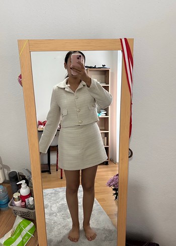 Bej Kadın, Normal Boy, Pamuk, Twit kostüm blazer ve şort etek - Görsel 2