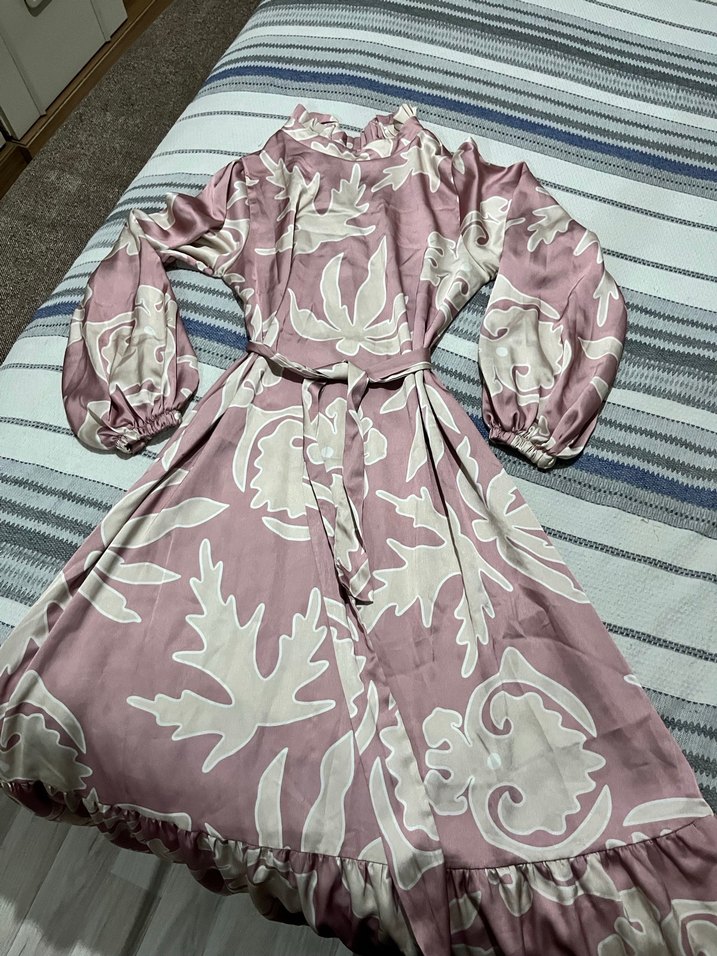 Pembe Uzun Bohem Fırfırlı Elbise saten - Görsel 2