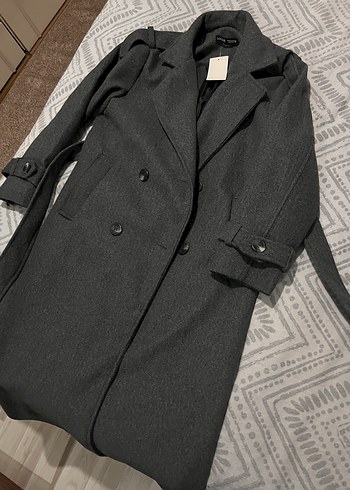 Antrasit çift düğmeli Uzun Kadın Kaban Notch Yaka - Görsel 2