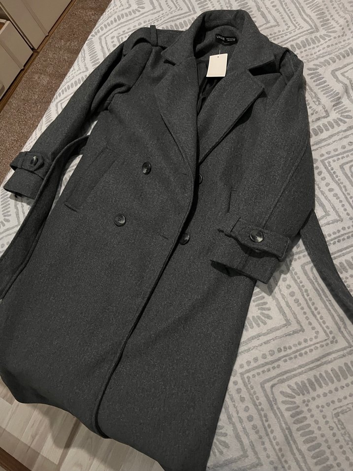 Antrasit çift düğmeli Uzun Kadın Kaban Notch Yaka - Görsel 2