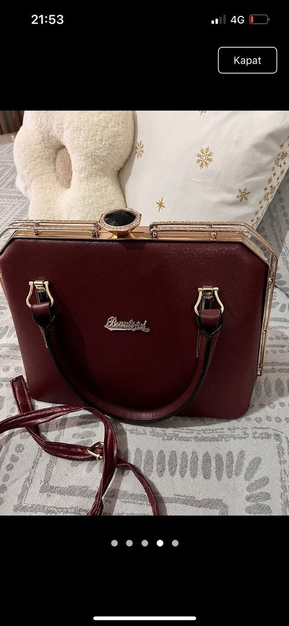 Bordo Deri Klasik Kadın El Çantası - Görsel 4