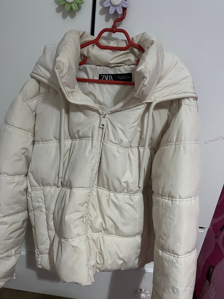 Beyaz Kadın Midi Mont, Fermuarlı, Yüksek Yaka - Görsel 3