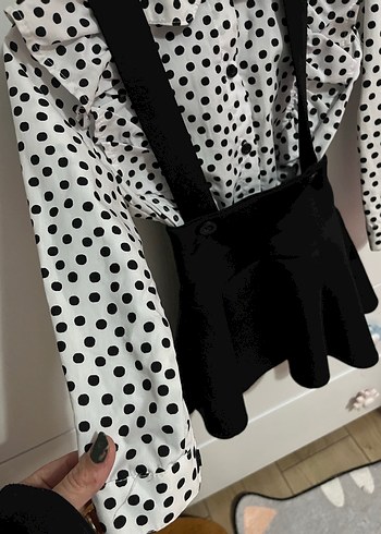 Puantiye Desenli Kolları Fırfırlı Siyah Elbise - Görsel 2