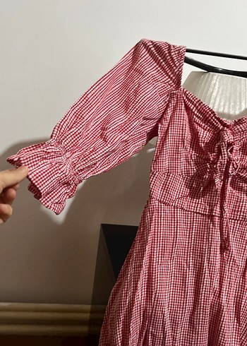 Kareli Kırmızı Midi Pamuklu Elbise - Görsel 4