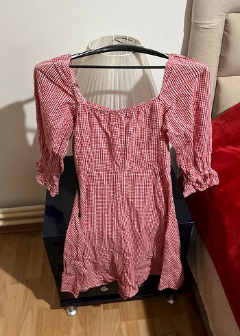 Kareli Kırmızı Midi Pamuklu Elbise - Görsel 5