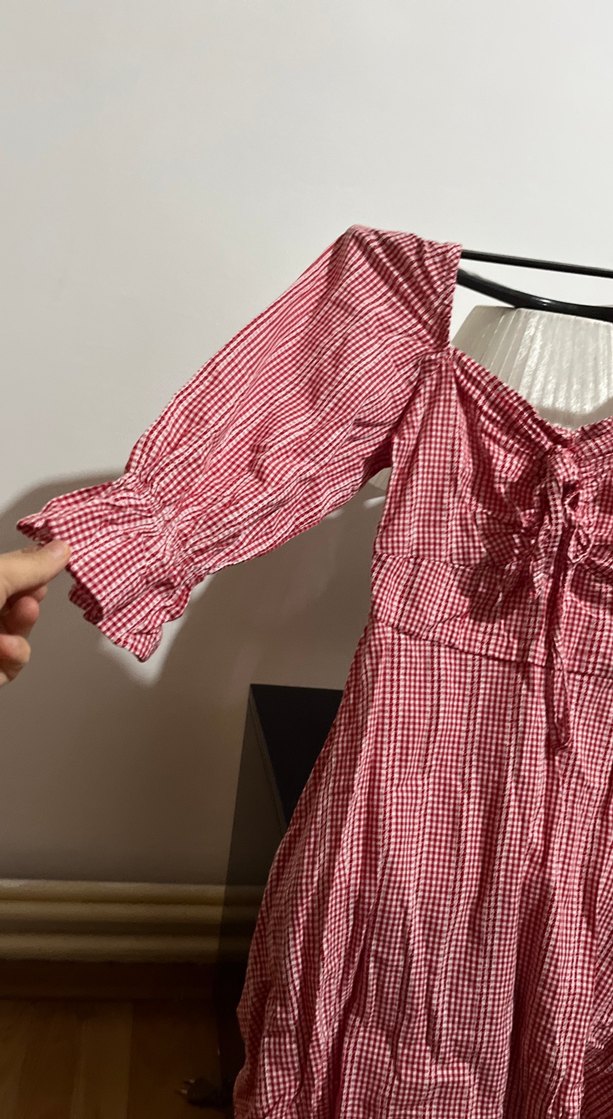 Kareli Kırmızı Midi Pamuklu Elbise - Görsel 4