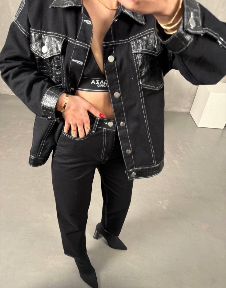 Deri detay Jean takım - Görsel 5