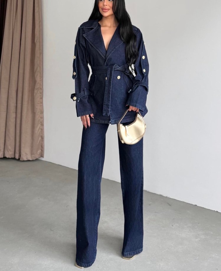 Düğmeli denim Jean takım - Görsel 3