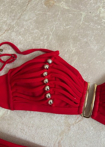 Boncuk detay ipli kırmızı bikini takımı - Görsel 3