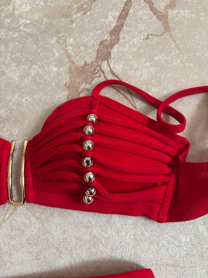 Boncuk detay ipli kırmızı bikini takımı - Görsel 2