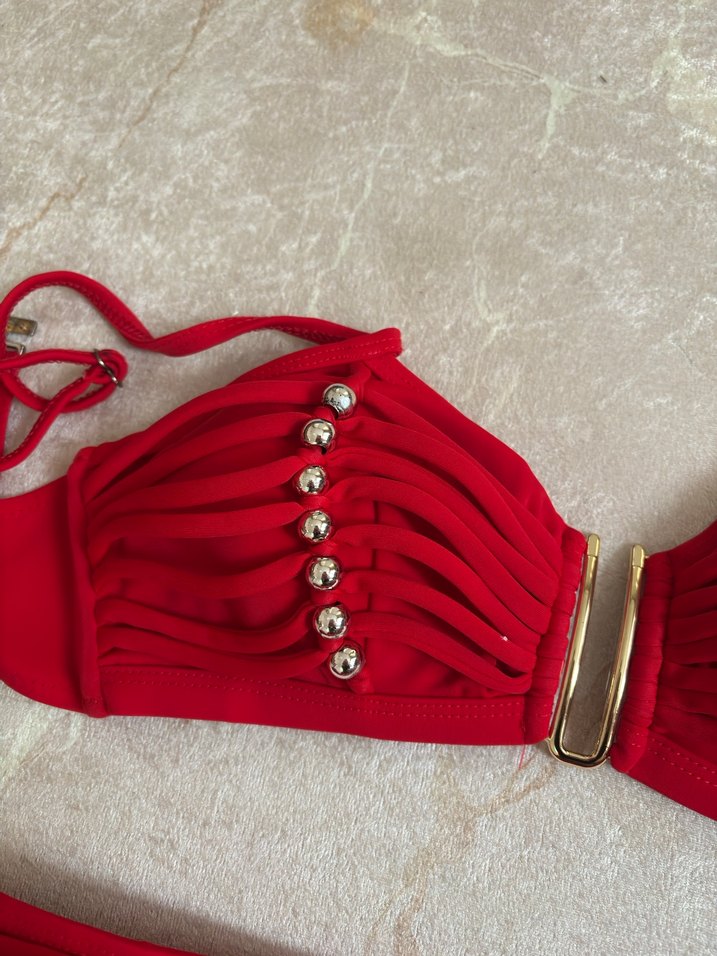 Boncuk detay ipli kırmızı bikini takımı - Görsel 3