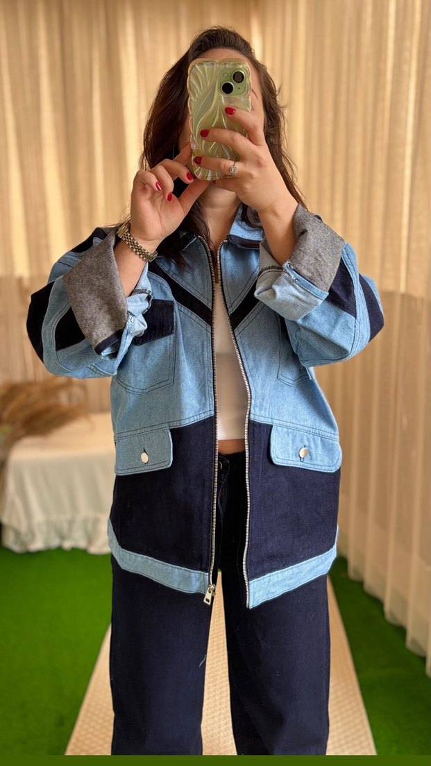 Kadın Mavi Düğmeli Denim Ceket takım - Görsel 2